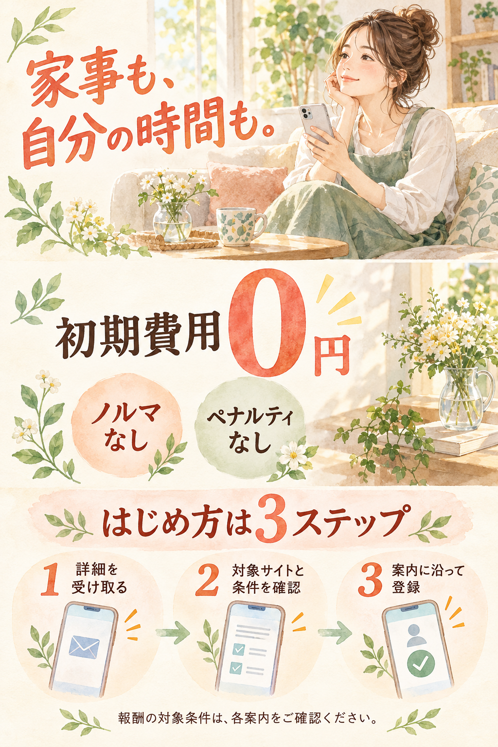初期費用0円・ノルマなし・ペナルティなし。始め方は、詳細を受け取る、対象サイトと条件を確認する、案内に沿って登録する、の3ステップ。報酬の対象条件は各案内をご確認ください。
