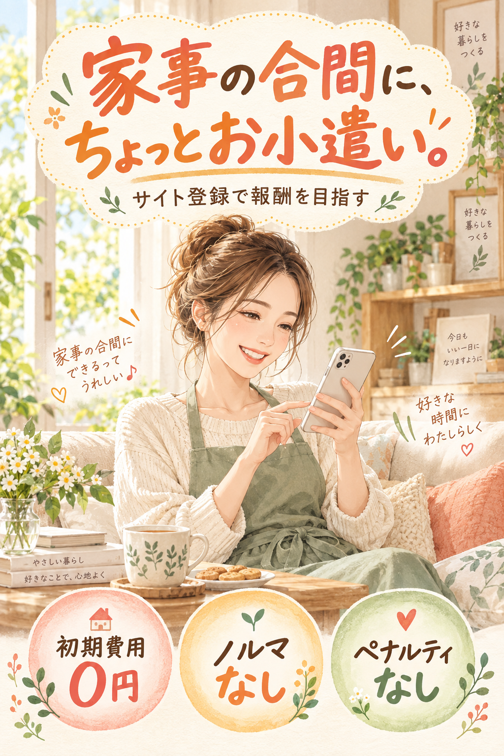 家事の合間に、ちょっとお小遣い。 サイト登録から。初期費用0円・ノルマなし・ペナルティなし
